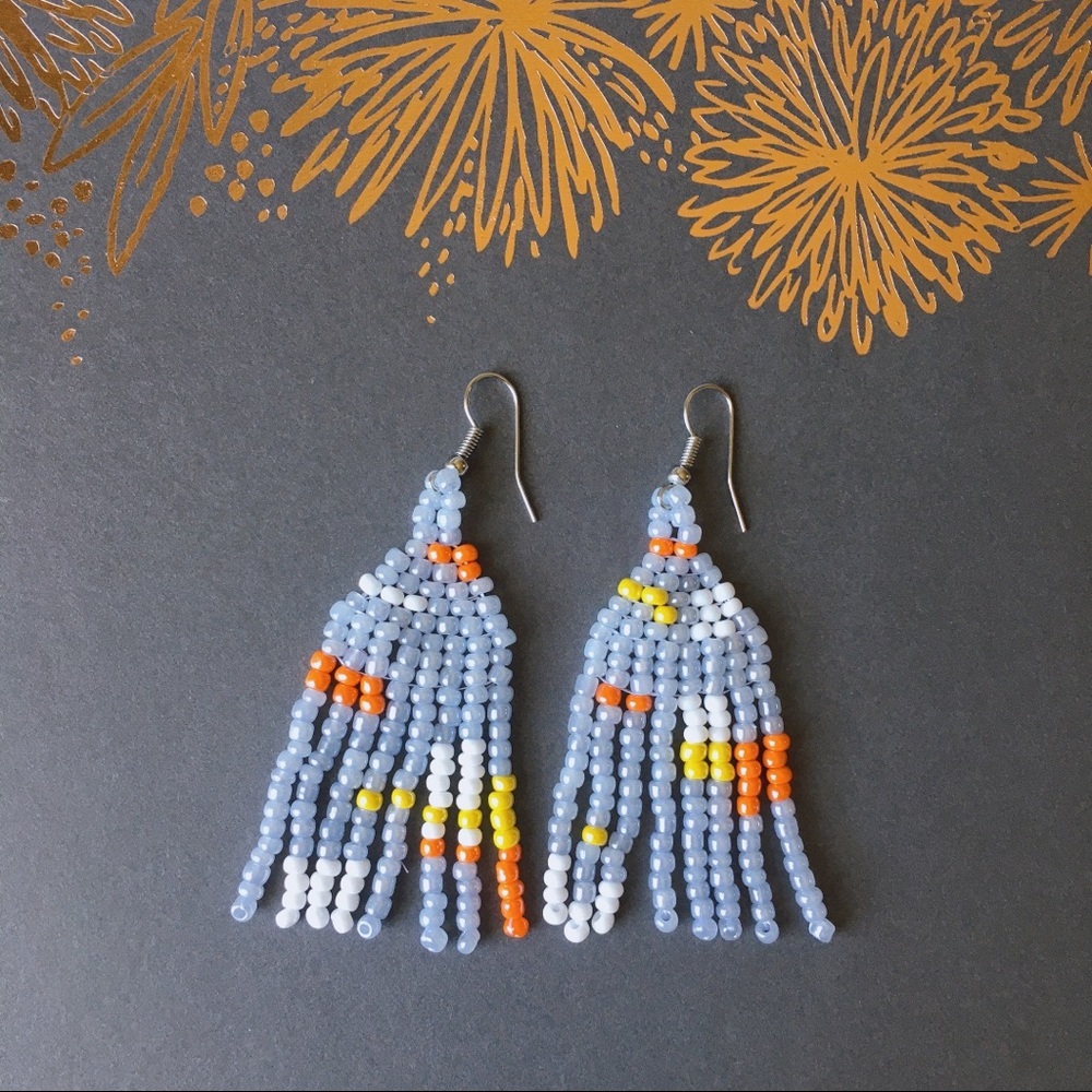 Light Gray BOHO Woven Seed Bead Fringe Earrings